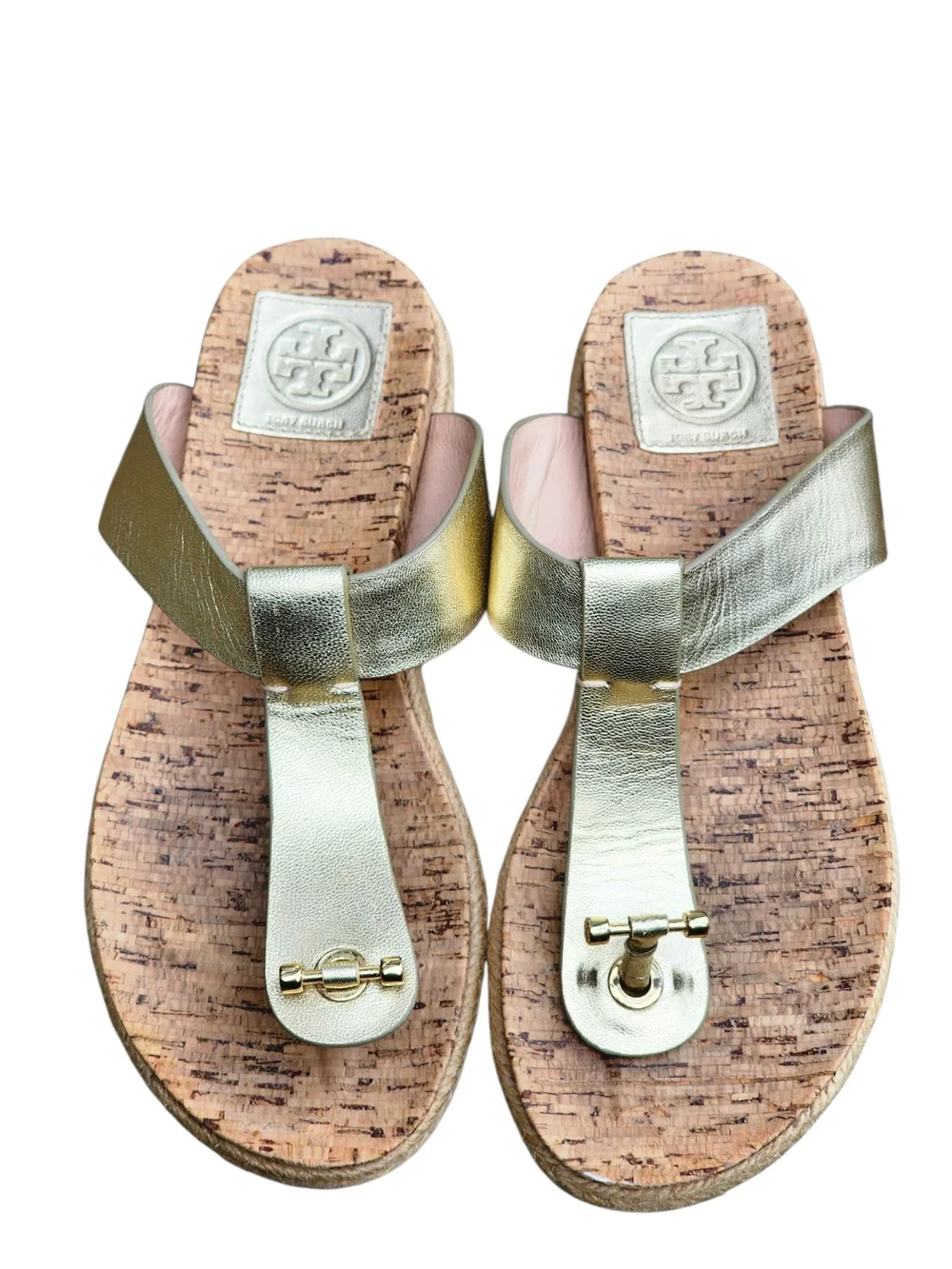 Tory Burch Gold Leather Cork Thong Sandals